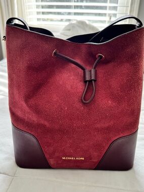 Michael Kors Burgundy Suede and Leather Drawstring Shoulder Bag